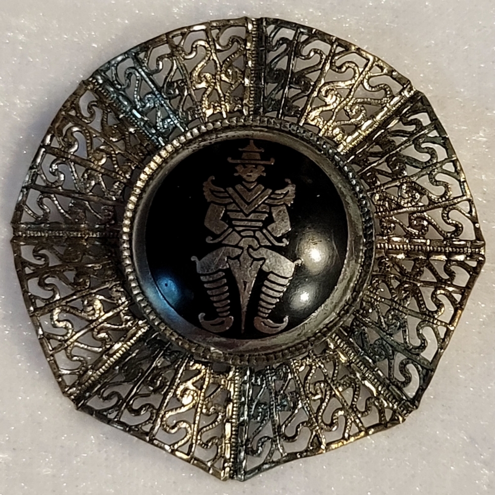 Vintage Filigree Siam Enamel Silvertone Brooch / Pin